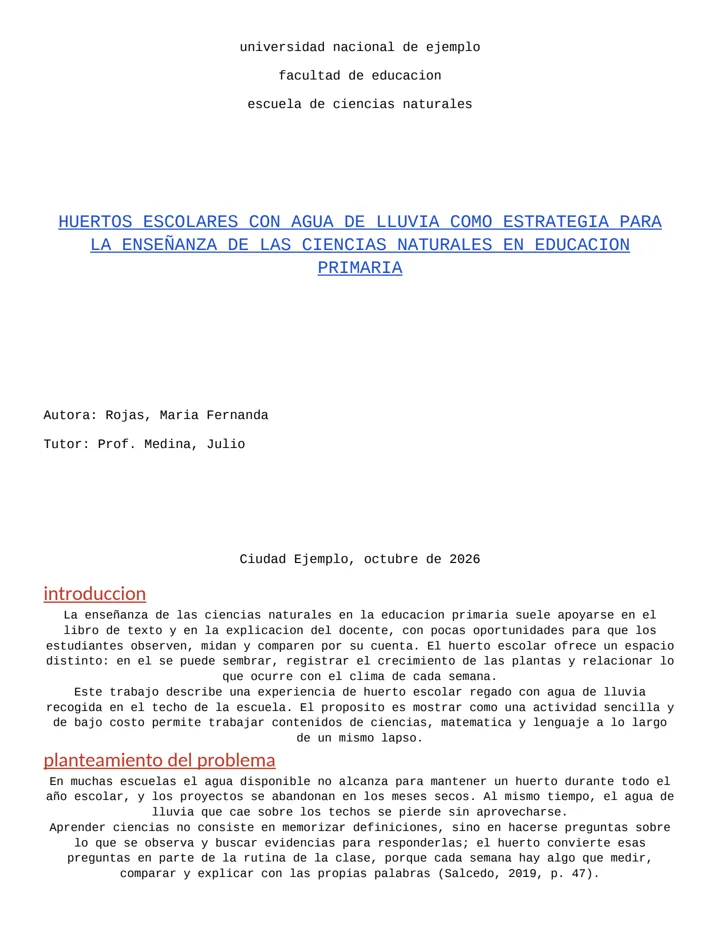 Primera página de un trabajo sin formato: letra de máquina, título subrayado en azul y el texto centrado justo debajo de los datos de la portada.